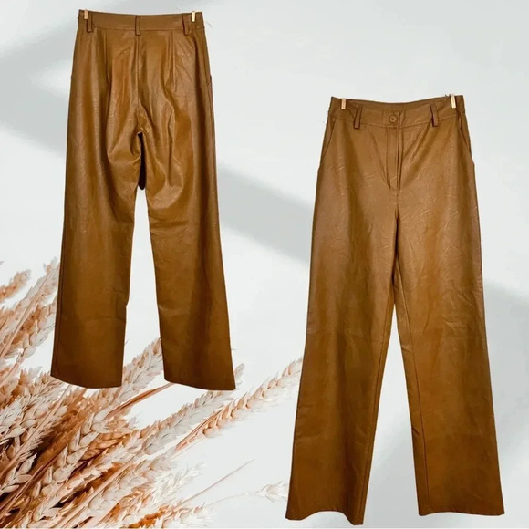 New Collection Pleather Faux Leather pants wide legs size S in Camel - Picture 1 of 8